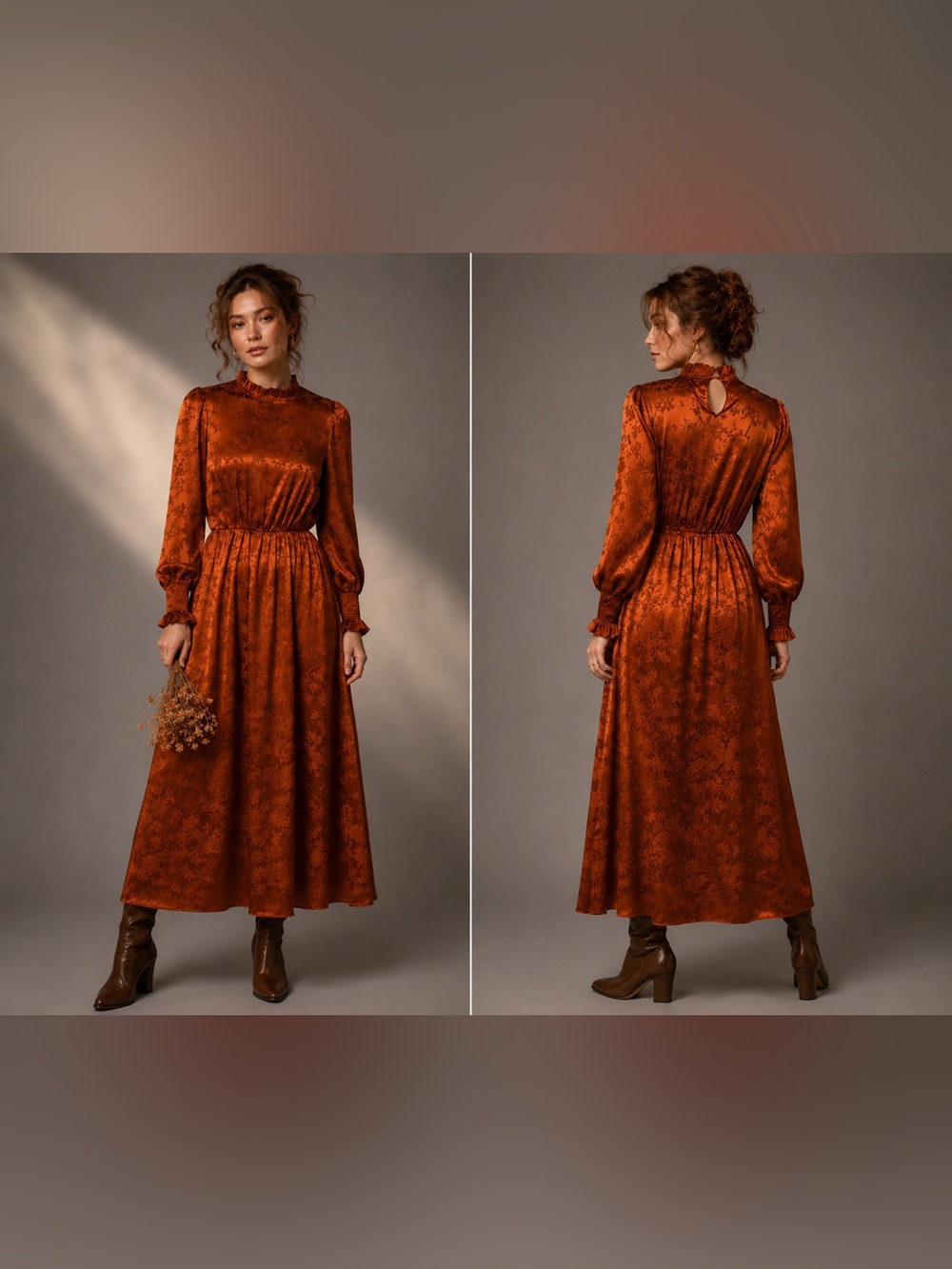 Rust Satin Jacquard Midi Dress Puff Sleeve Mock Neck Cottagecore Boho - Picture 2 of 14